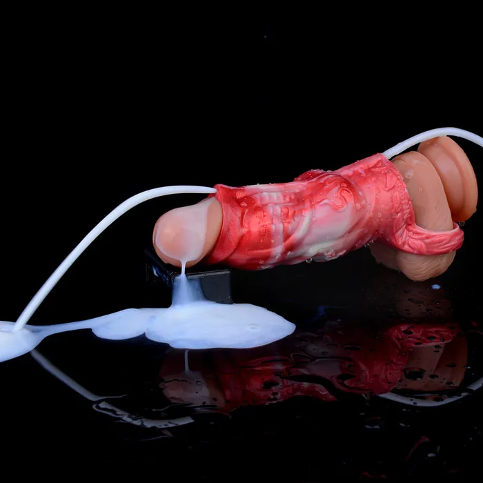 House of Dasein Male Sex Toys Penis Extenders Enlargers Theodore Textured Red Medium Squirting Penis Sleeve