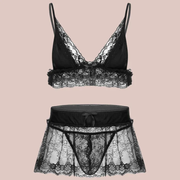 House of Chastity Couples Three Piece Lace Bra Panties And Skirt