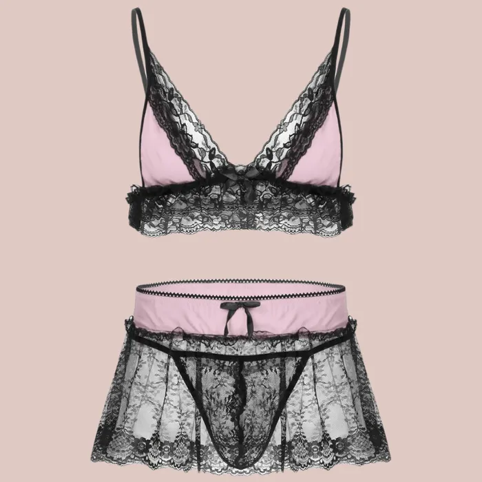 House of Chastity Couples Three Piece Lace Bra Panties And Skirt