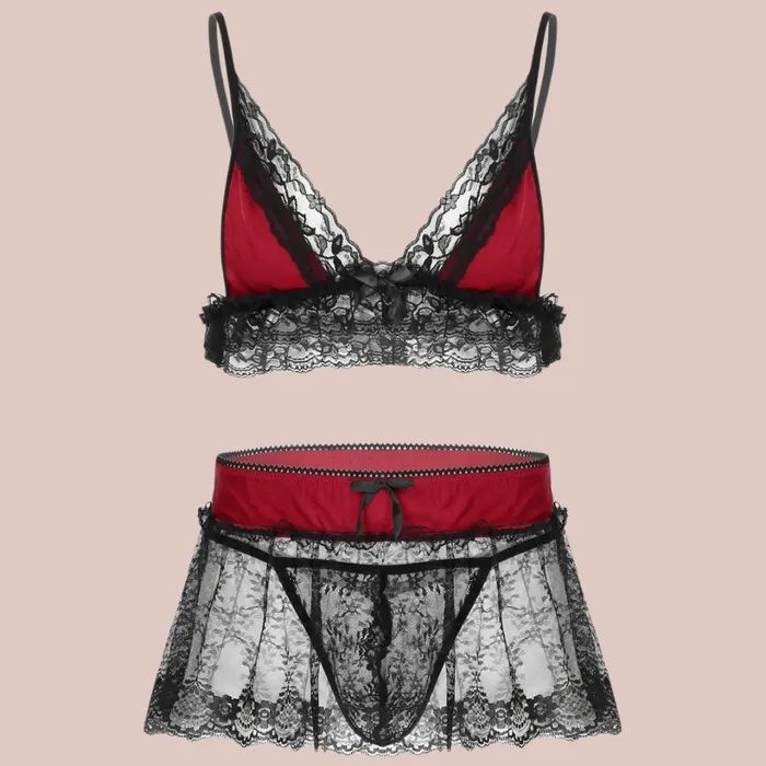 House of Chastity Couples Three Piece Lace Bra Panties And Skirt