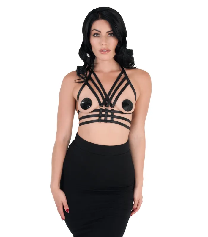 Male Sex Toys Love In Leather Elastic Triple Cage Bra Harness