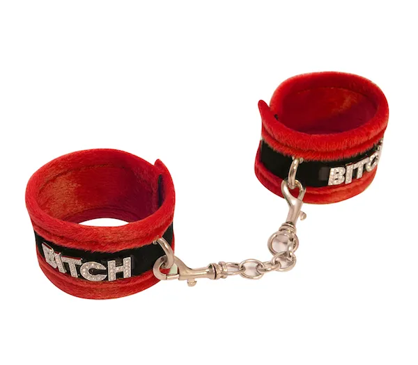 Restraints Love In Leather Soft Diamante Wrist Cuffs BITCH Red Love in Leather
