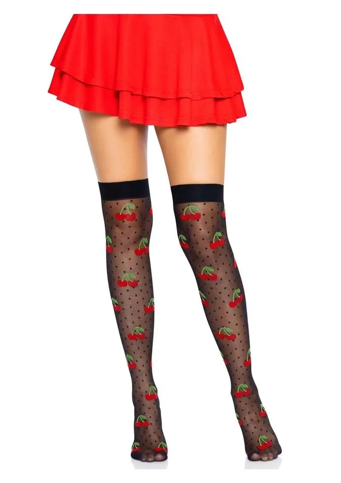 Hosiery Leg Avenue Leg Avenue Spandex Sheer Polka Dot Cherry Thigh Highs