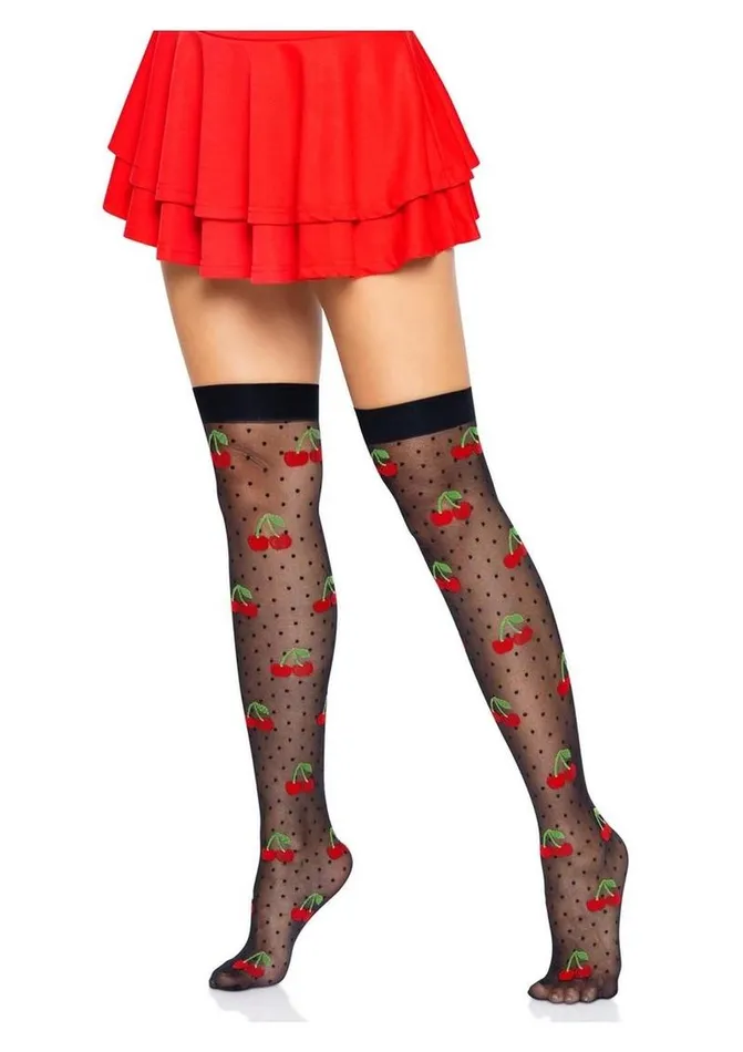 Hosiery Leg Avenue Leg Avenue Spandex Sheer Polka Dot Cherry Thigh Highs