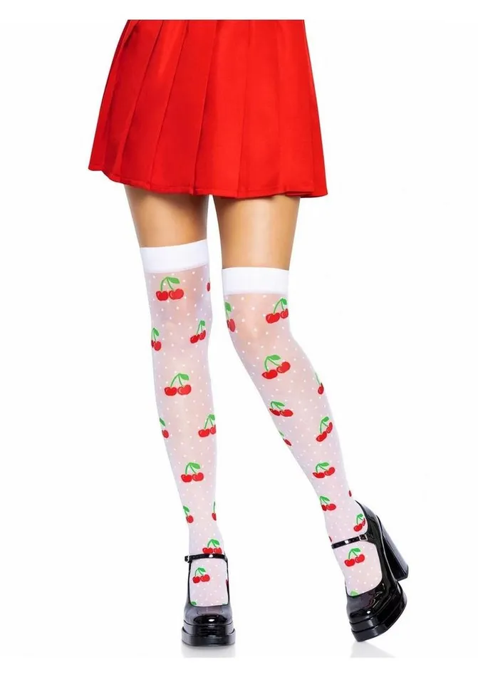 Hosiery Leg Avenue Leg Avenue Spandex Sheer Polka Dot Cherry Thigh Highs