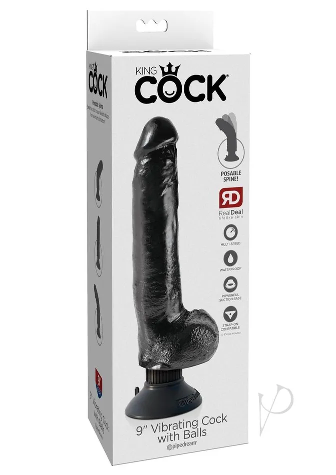 Dildos King Cock Vibrating Dildo with Balls 9in Black King Cock