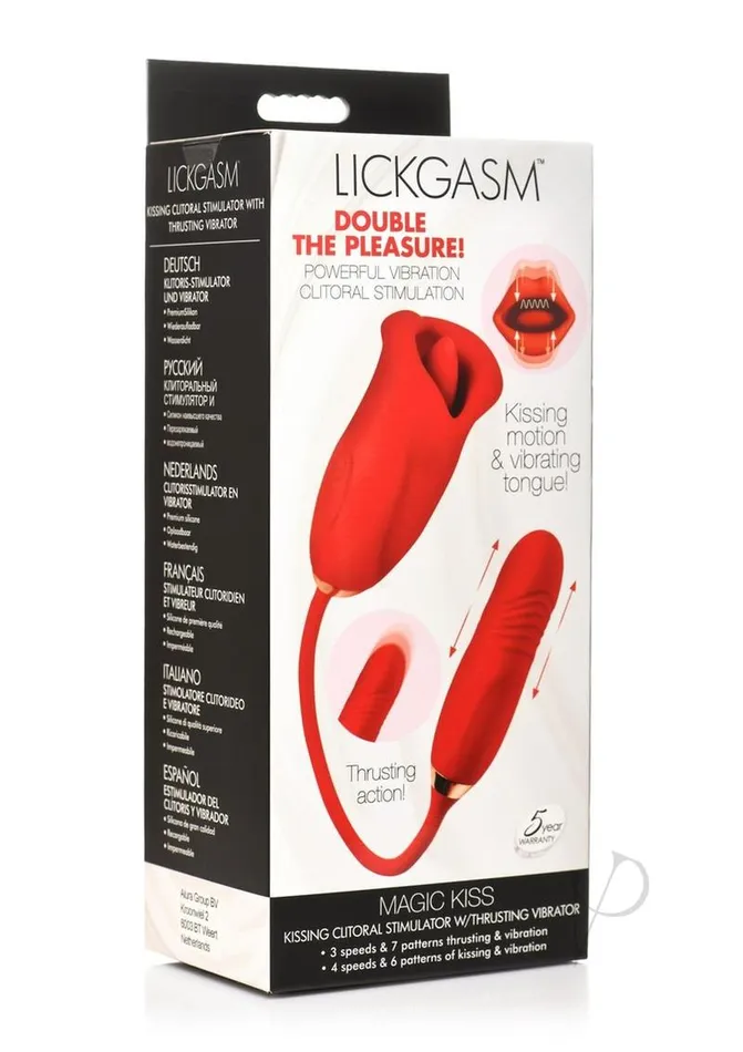 Lickgasm Magic Kiss Kissing Rechargeable Silicone Clitoral Stimulator with Thrusting Vibrator Red Lickgasm Female Sex Toys Lickgasm Magic Kiss Kissing Rechargeable Silicone Clitoral Stimulator with Thrusting Vibrator Red Lickgasm Female Sex Toys