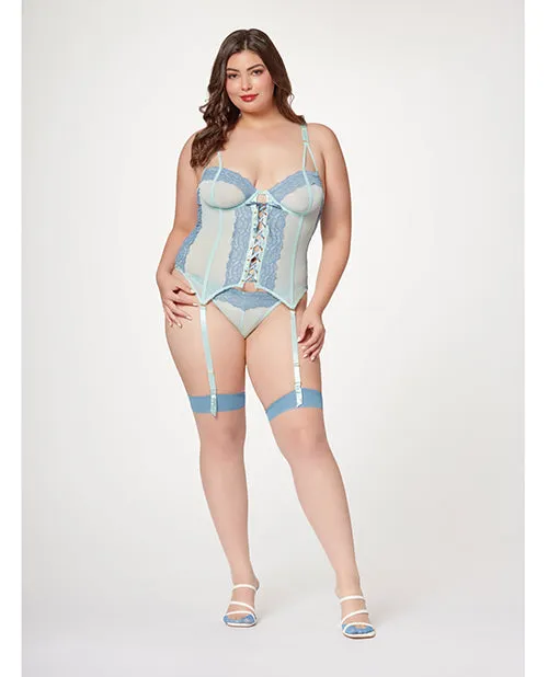 Seven Til Midnight Vibrators Lace Mesh Bustier wLace Up Center Garter Belt Thong Blue 3X4X