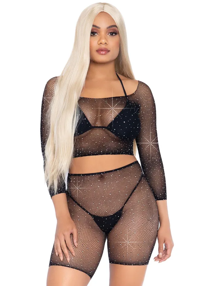 Leg Avenue Anal 2 Pc Rhinestone Fishnet Crop Top and Biker Shorts Black One Size Leg Avenue Anal 2 Pc Rhinestone Fishnet Crop Top and Biker Shorts Black One Size