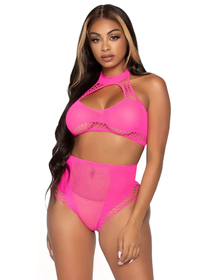 Leg Avenue Vibrators 2 Pc Net Crop Top and High Waist Bottoms One Size Neon Pink