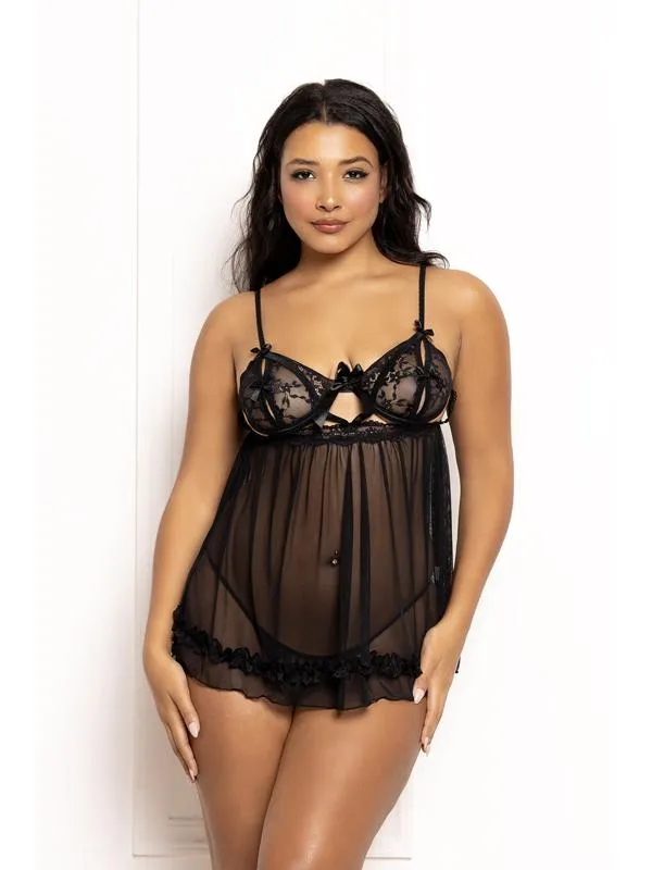 Seven Til Midnight Couples Two Piece Babydoll Set Ditsy Floral And Mesh Babydoll With Split Cups STM11644BLACKS Seven Til Midnight Couples Two Piece Babydoll Set Ditsy Floral And Mesh Babydoll With Split Cups STM11644BLACKS