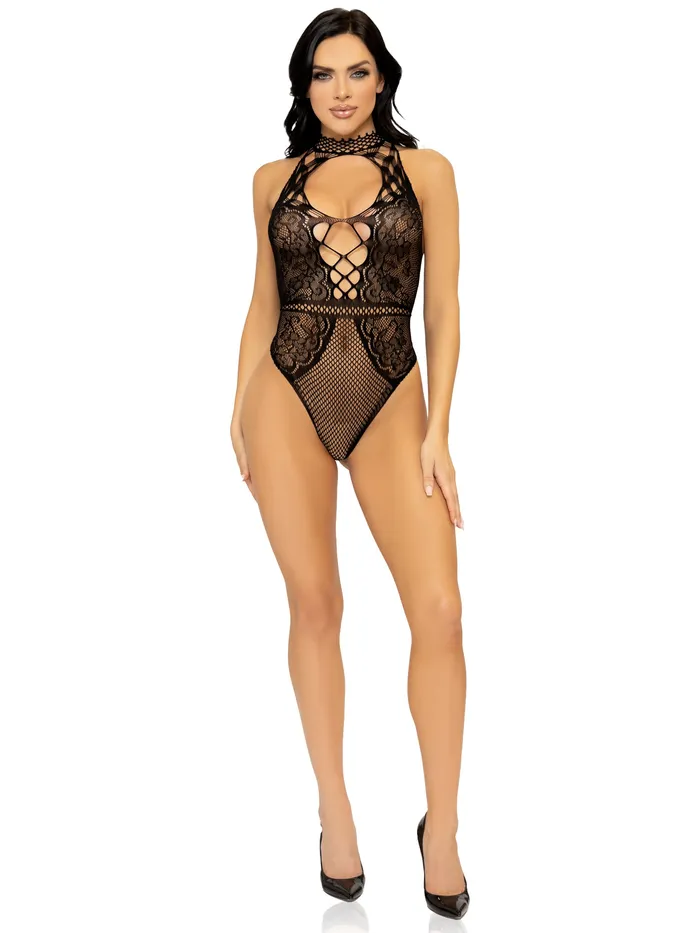 Teddies And Bodies Leg Avenue Net and Lace Keyhole Halter Bodysuit One Size Black Teddies And Bodies Leg Avenue Net and Lace Keyhole Halter Bodysuit One Size Black