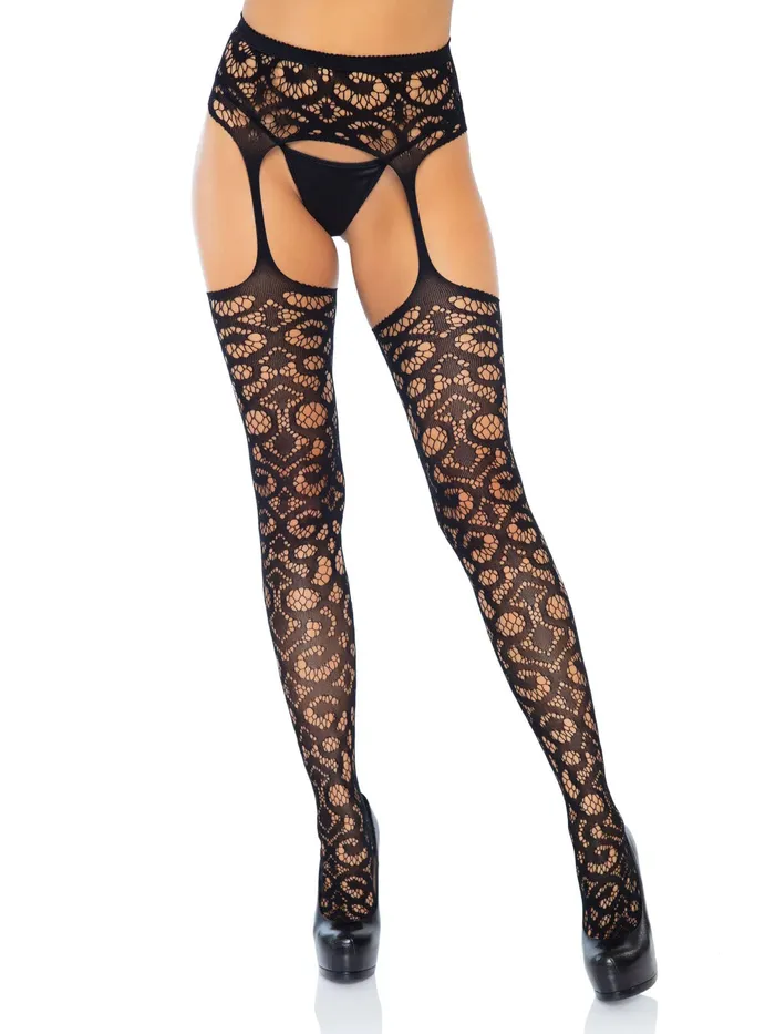 Teddies And Bodies Leg Avenue Scroll Lace Stockings With Attached Garter Belt One Size Black Teddies And Bodies Leg Avenue Scroll Lace Stockings With Attached Garter Belt One Size Black