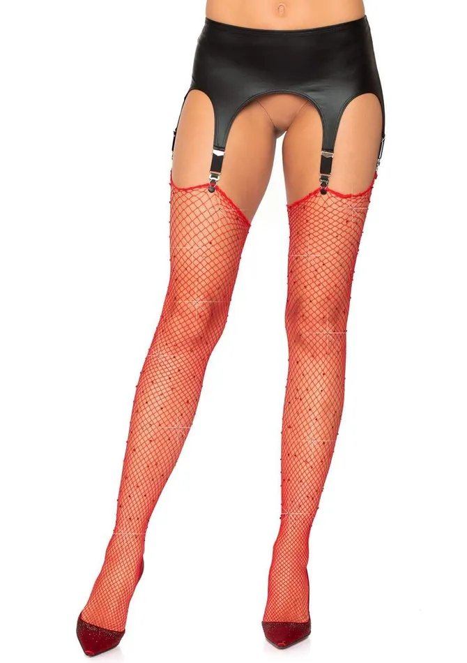 Vibrators Leg Avenue Rhinestone Fishnet Stockings One Size Red