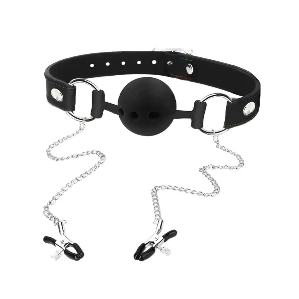 Master Series Male Sex Toys Hinder Breathable Silicone Ball Gag With Nipple Clamps Master Series Male Sex Toys Hinder Breathable Silicone Ball Gag With Nipple Clamps