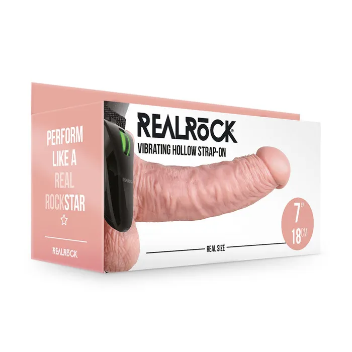 Shots Toys Dildos REALROCK Vibrating Hollow Strapon w Balls 18cm Flesh